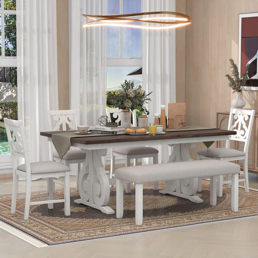 6-Piece Wooden Dining Table Set, Farmhouse Rectangular Dining Table, Four Chairs with Exquisitely Designed Hollow Chair Back and Bench for Home Dining Room (Brown+White) image
