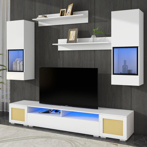 Extended, Rattan Style Entertainment Center, 7 Pieces Floating TV Console Table for TVs Up to 90”, High Gloss Wall Mounted TV Stand with Color Changing LED Lights for Home Theatre, White. image