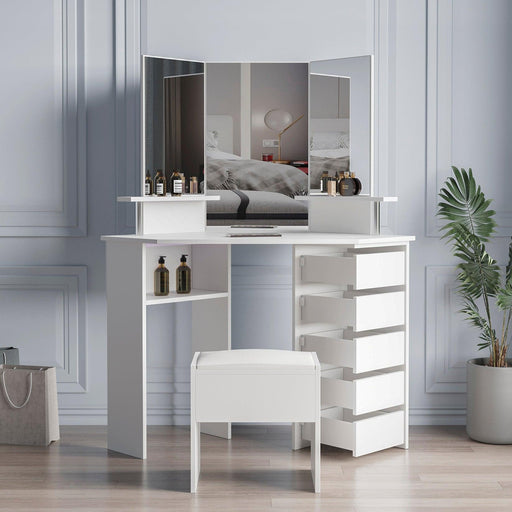 Corner dressing table make up desk with three-fold mirror and 5 rotary drawer Wooden Bedroom Vanity Table (White) image