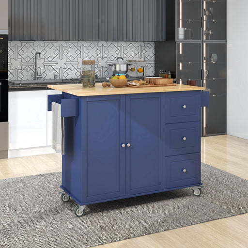 Rolling Mobile Kitchen Island with Drop Leaf - Solid Wood Top, Locking Wheels &Storage Cabinet 52.7 Inch Width（Dark blue） image