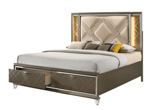 ACME Skylar Queen Bed w/Storage, LED, PU & Dark Champagne 25320Q image