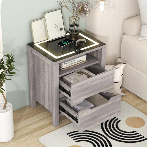 MultifunctionalStorage Nightstand with 2 Drawers and an open shelf, Wireless Charging with adjustable LED, Brown image