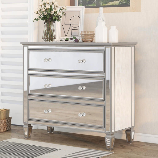 Elegant Mirrored Chest with 3 Drawers,Modern Silver FinishedStorage Cabinet for Living Room, Hallway, Entryway image