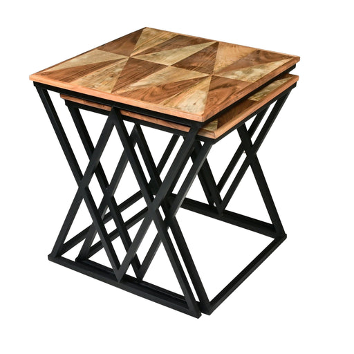 Madeline 25, 23 Inch Square 2 Piece Nesting End Table Set, Wood Top, Iron Frame, Brown and Black image