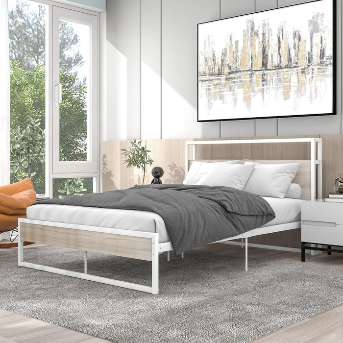 Full Size Metal Platform Bed Frame with Sockets, USB Ports and Slat Support ,No Box Spring Needed White image
