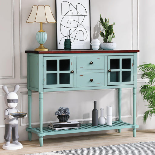Sideboard Console Table with Bottom Shelf, Farmhouse Wood/Glass BuffetStorage Cabinet Living Room (Retro Blue) image