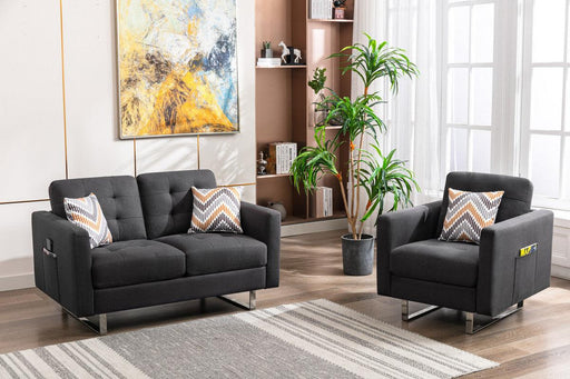 Victoria Dark Gray Linen Fabric Loveseat Chair Living Room Set with Metal Legs, Side Pockets, and Pillows image