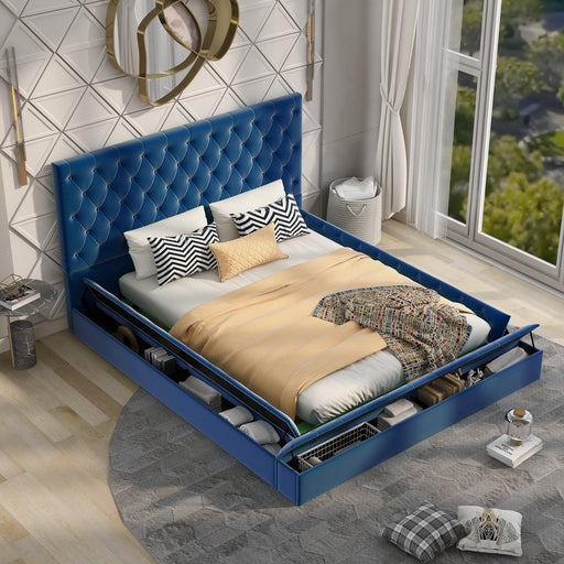 Queen Size Upholstery Low ProfileStorage Platform Bed withStorage Space on both Sides and Footboard,Blue image