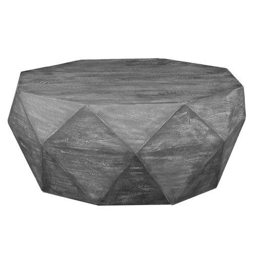 Ashton 34 Inch Handcrafted ManWood Coffee Table, Faceted Diamond Design, Drum Shape, Rustic Gray image