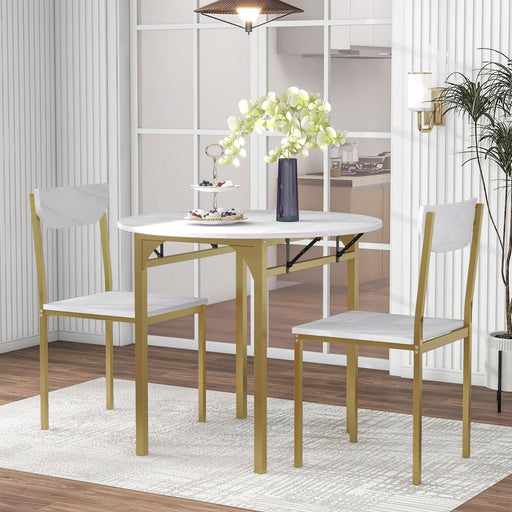 Modern 3-Piece Round Dining Table Set with Drop Leaf and 2 Chairs for Small Places,lden Frame+Faux White Granite Finish image