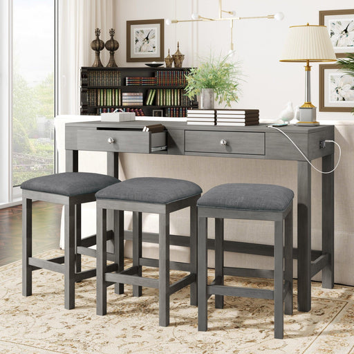 4-Piece Counter Height Table Set with Socket and Fabric Padded Stools, Gray image
