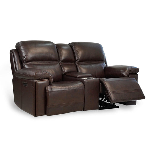 Timo Top Grain Leather Power Reclining Loveseat With Console | Adjustable Headrest |Storage | Steel Cup Holders | Cross Stitching image