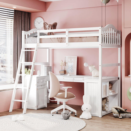 Twin size Loft Bed with Drawers, Cabinet, Shelves and Desk, Wooden Loft Bed with Desk - White image