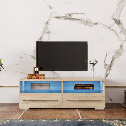 The  TV cabinet has two drawers with color-changing light strips, Rustic Oak image