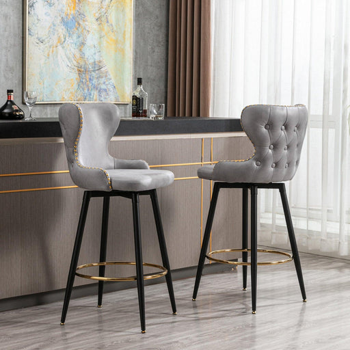 29"Modern Leathaire Fabric bar chairs,180° Swivel Bar Stool Chair for Kitchen,Tufted Gold Nailhead Trim Gold Decoration Bar Stools with Metal Legs,Set of 2 (Light Grey) image