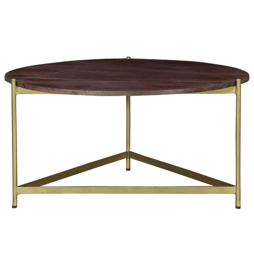 Ellis 32 Inch Round Wood Coffee Table with Brass Metal Base, Brown, Matte Gold image