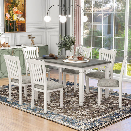 7-Piece Dining Table Set Wood Dining Table and 6 Upholstered Chairs with Shaped Legs for Dining Room/Living Room Furniture (Gray+White) image