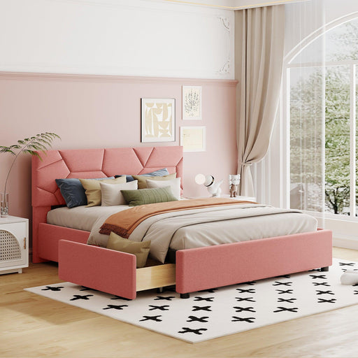 Queen Size Upholstered Platform Bed with Brick Pattern Heardboard and 4 Drawers, Linen Fabric, Pink image