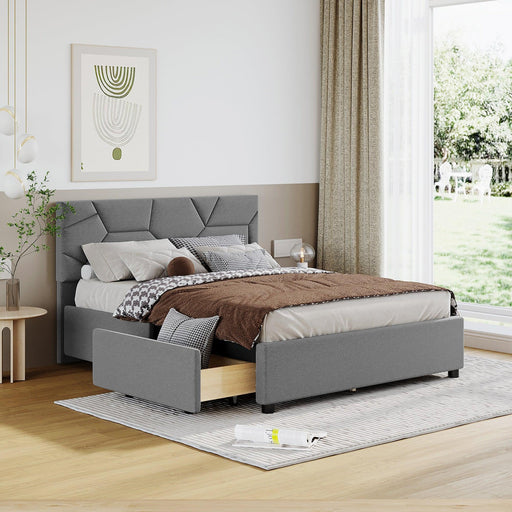 Full Size Upholstered Platform Bed with Brick Pattern Heardboard and 4 Drawers, Linen Fabric, Gray image