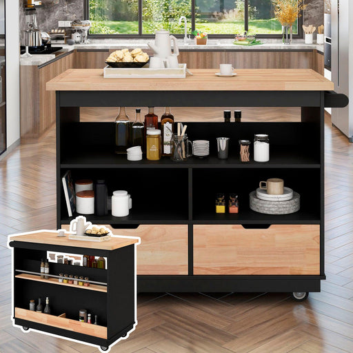 Kitchen Cart Rolling Mobile Kitchen Island Solid Wood Top, Kitchen Cart With 2 Drawers,Tableware Cabinet（Black） image