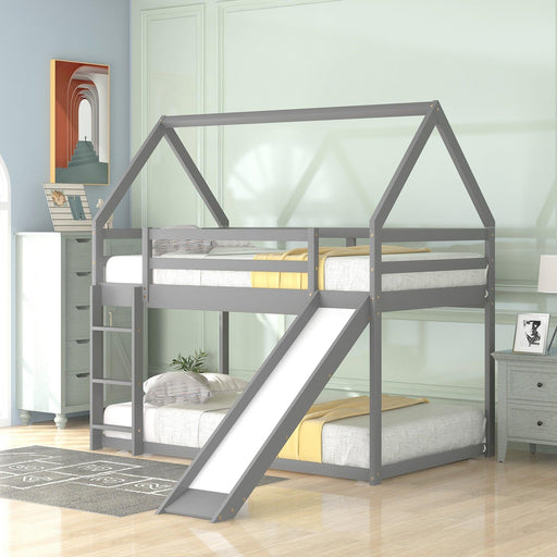 Twin Size Bunk House Bed with Slide and Ladder,Gray image