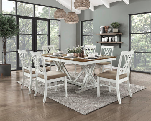 Modern Style White and Oak Finish 7pc Dining Set Table w Extension Leaf 6x Side Chairs Upholstered Seat Charming Traditional Dining Room Furniture image