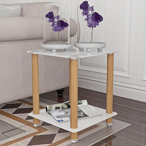 2-Piece White+Oak Side Table , 2-Tier Space End Table ,Modern Night Stand, Sofa table, Side Table withStorage Shelve image