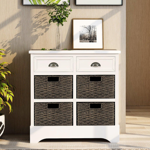RusticStorage Cabinet with Two Drawers and Four  Classic Rattan Basket for Dining Room/Living Room (White) image