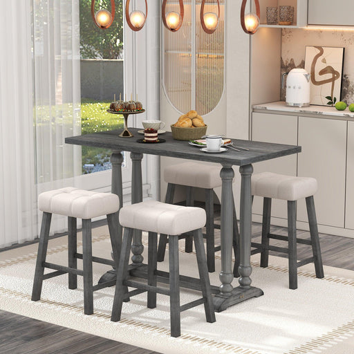5-Piece Dining Table Set, Counter Height Dining Furniture with a Rustic Table and 4 Upholstered Stools for Kitchen, Dining Room (Gray) image