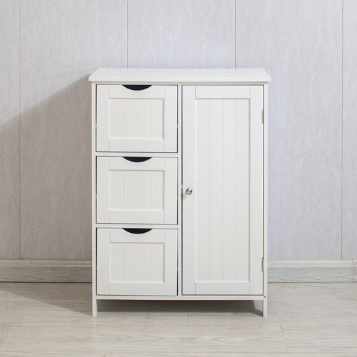 White Bathroom FloorStorage Cabinet, Wooden FreestandingStorage Cabinet, SideStorage Organizer with 1 Cupboard and 3 Drawers image