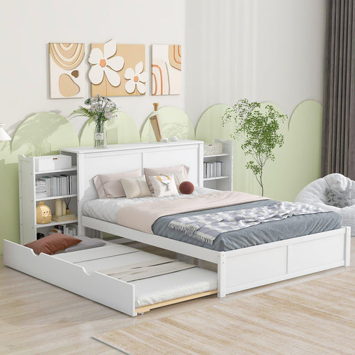 Queen SizeStorage Platform Bed with Pull Out Shelves and Twin Size Trundle, White image