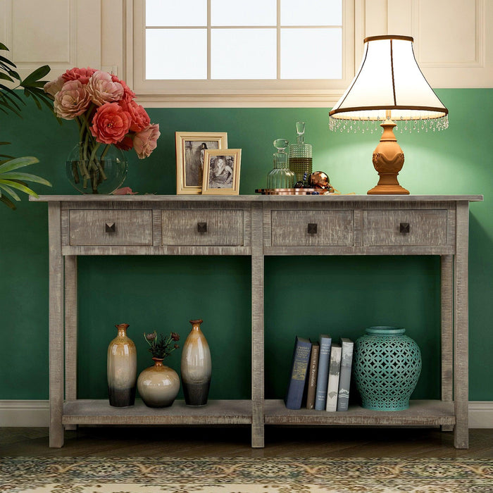 Rustic Brushed Texture Entryway Table Console Table with Drawers and Bottom Shelf for Living Room (Grey Wash) image