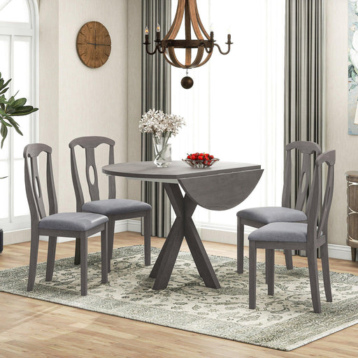 Rustic Farmhouse 5-Piece Wood Round Dining Table Set for 4, Kitchen Furniture with Drop Leaf and 4 Padded Dining Chairs for Small Places, Grey image