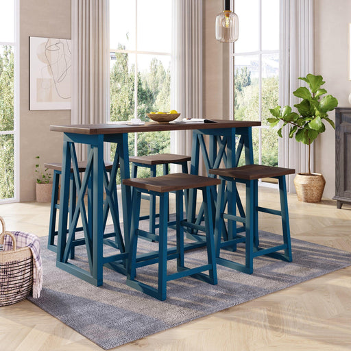 Rustic Counter Height 5-Piece Dining Set, Wood Console Table Set with 4 Stools for Small Places,Walnut+Blue image