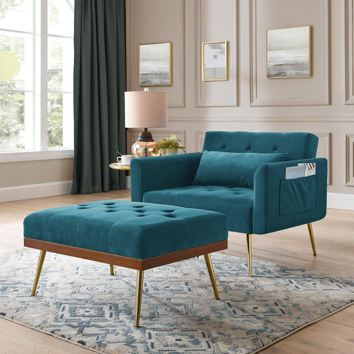 Recline Sofa Chair with Ottoman, Two Arm Pocket and Wood Frame include 1 Pillow, Teal (40.5”x33”x32”) image