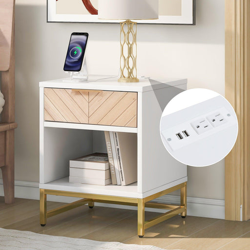 Nightstand with USB Charging Station,Modern End Table with Natural Wood Finish Drawer ,Metal Leg and Handle,White+Natural image