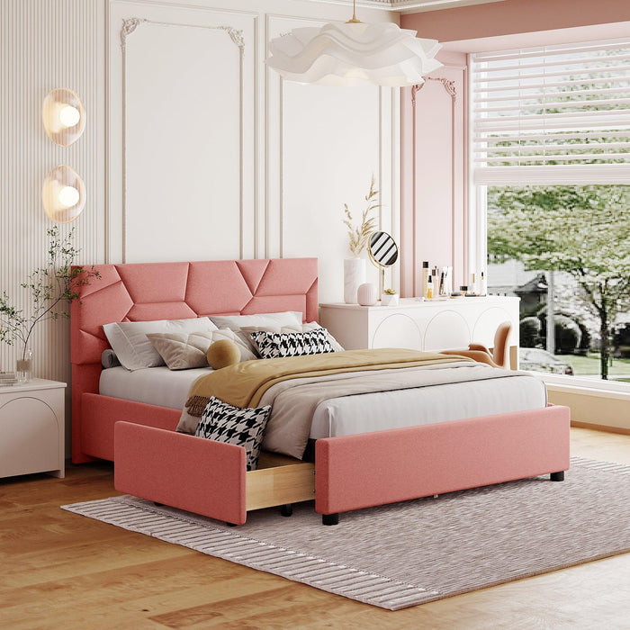 Full Size Upholstered Platform Bed with Brick Pattern Heardboard and 4 Drawers, Linen Fabric, Pink image