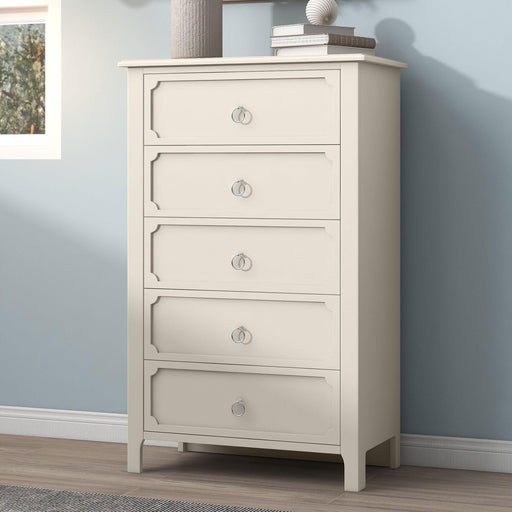 Milky White Rubber Wooden Chest Five Large Drawers Silver Metal Handles for Living Room Guest Room Bedroom image