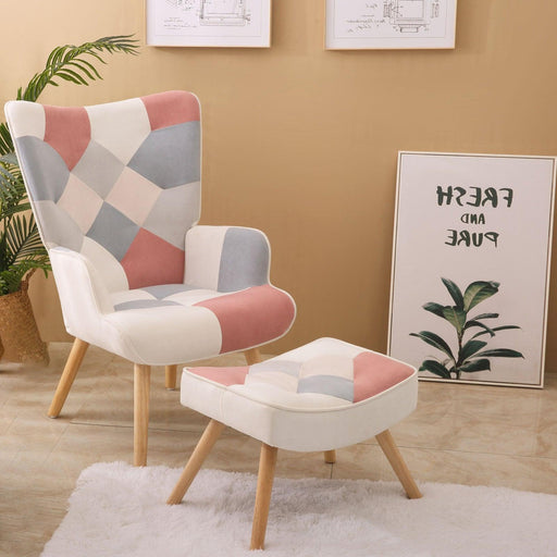 Accent Chair with Ottoman, Living Room Chair and Ottoman Set, Comfy Side Armchair for Bedroom, Creative Splicing Cloth Surface, pink image