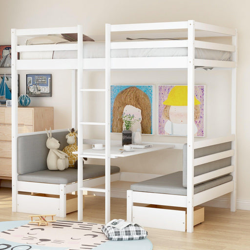 Functional Loft Bed (turn into upper bed and down desk，cushion sets are free),Twin Size,White image