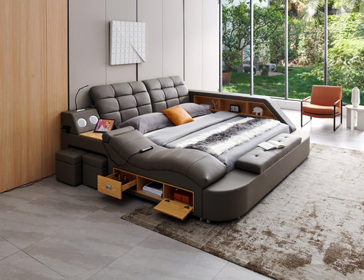 Multifunctional UpholsteredStorage Bed Frame, Massage Chaise Lounge on Left, Queen Size, Grey image