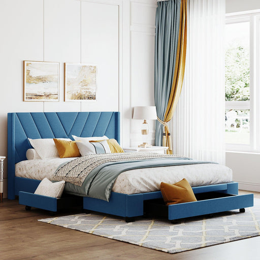 Queen SizeStorage Bed Linen Upholstered Platform Bed with 3 Drawers (Blue) image