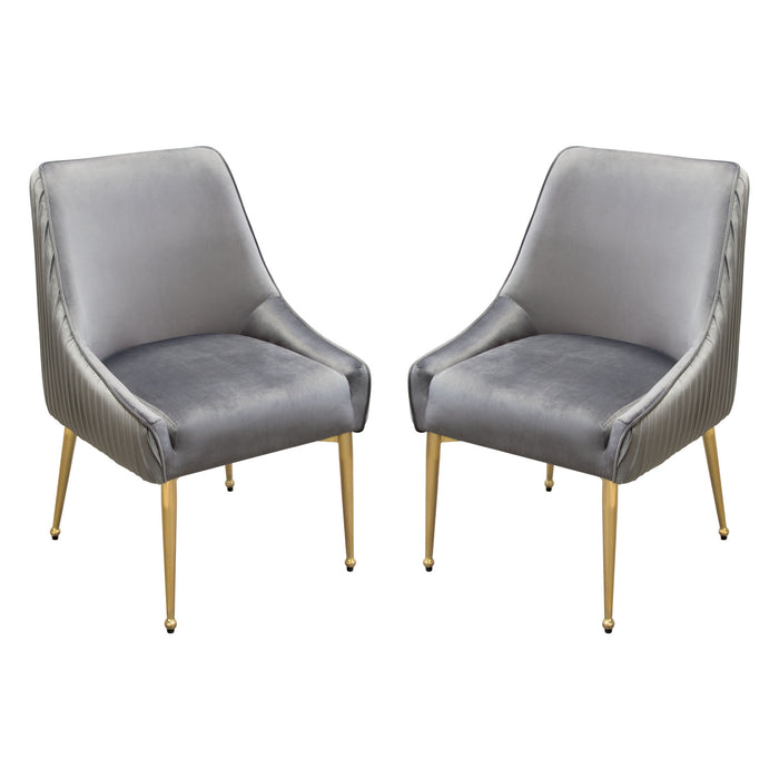 Set of (2) Quinn Dining Chairs w/ Vertical Outside Pleat Detail and Contoured Arm in Grey Velvet w/ Brushed Gold Metal Leg by Diamond Sofa image